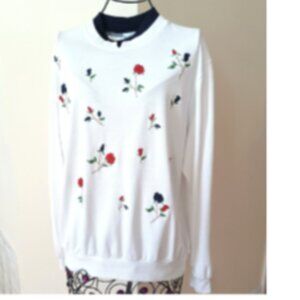 Vintage BonWorth Floral Embroidery Sweater Size M Cotton Bland White